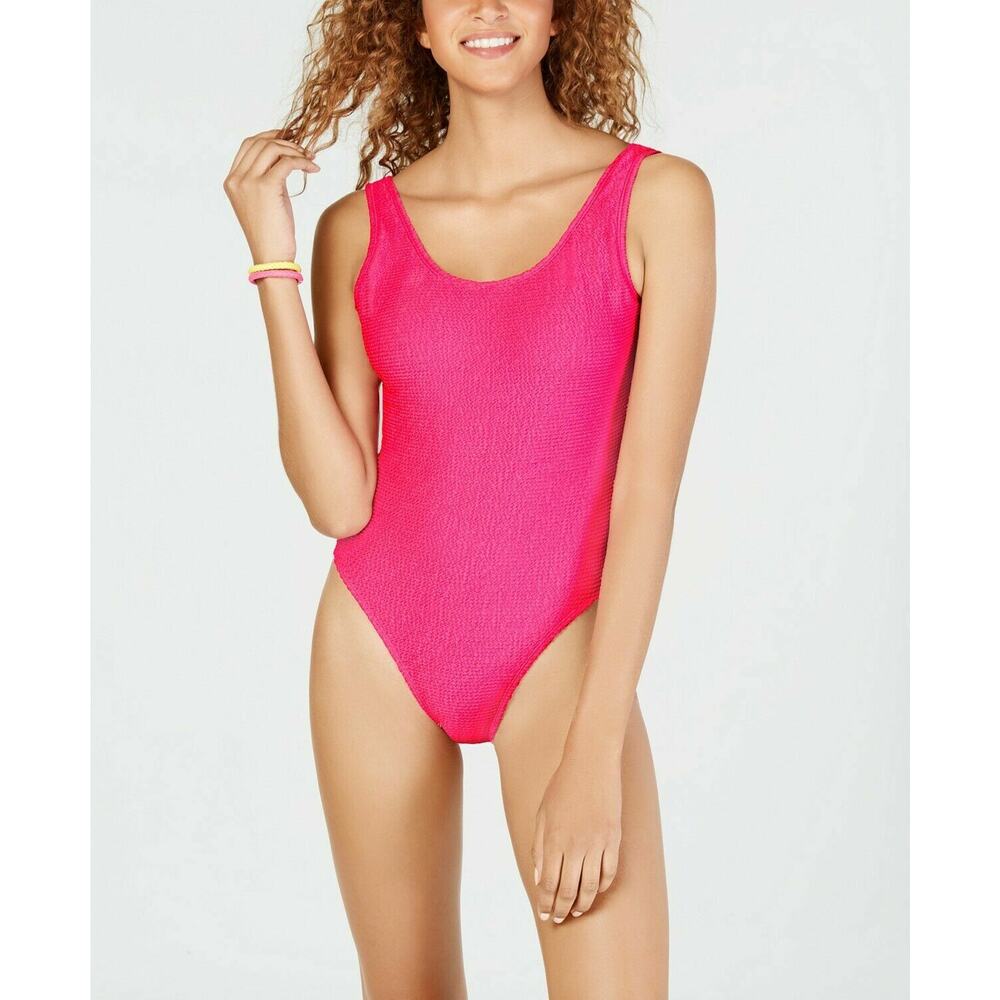 Hula Honey Juniors Pucker Up One Piece Swimsuit Small Pink Textured High Leg NWT - Picture 6 of 7